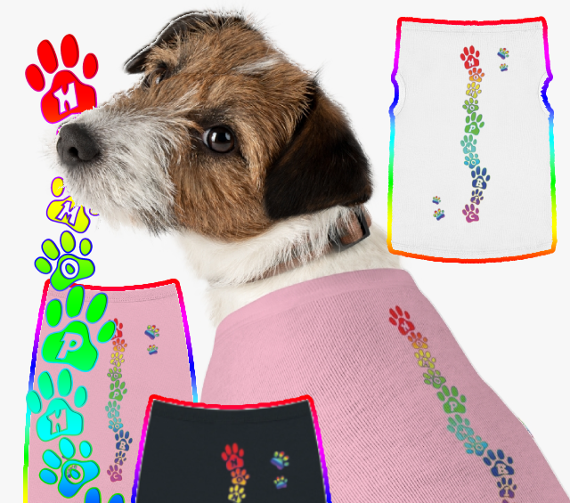 Dog wearing a pink outfit with colorful paw prints, surrounded by additional outfits and paw print designs.